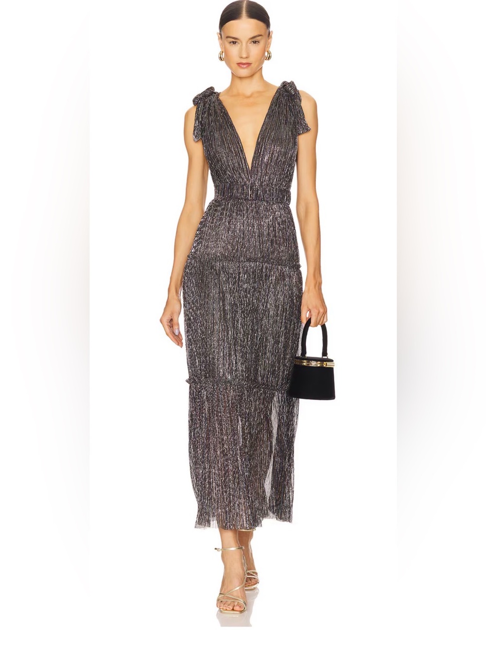 Sabina Musayev Helena Metallic Plissé Midi Dress – Multicolor Silver – Size M